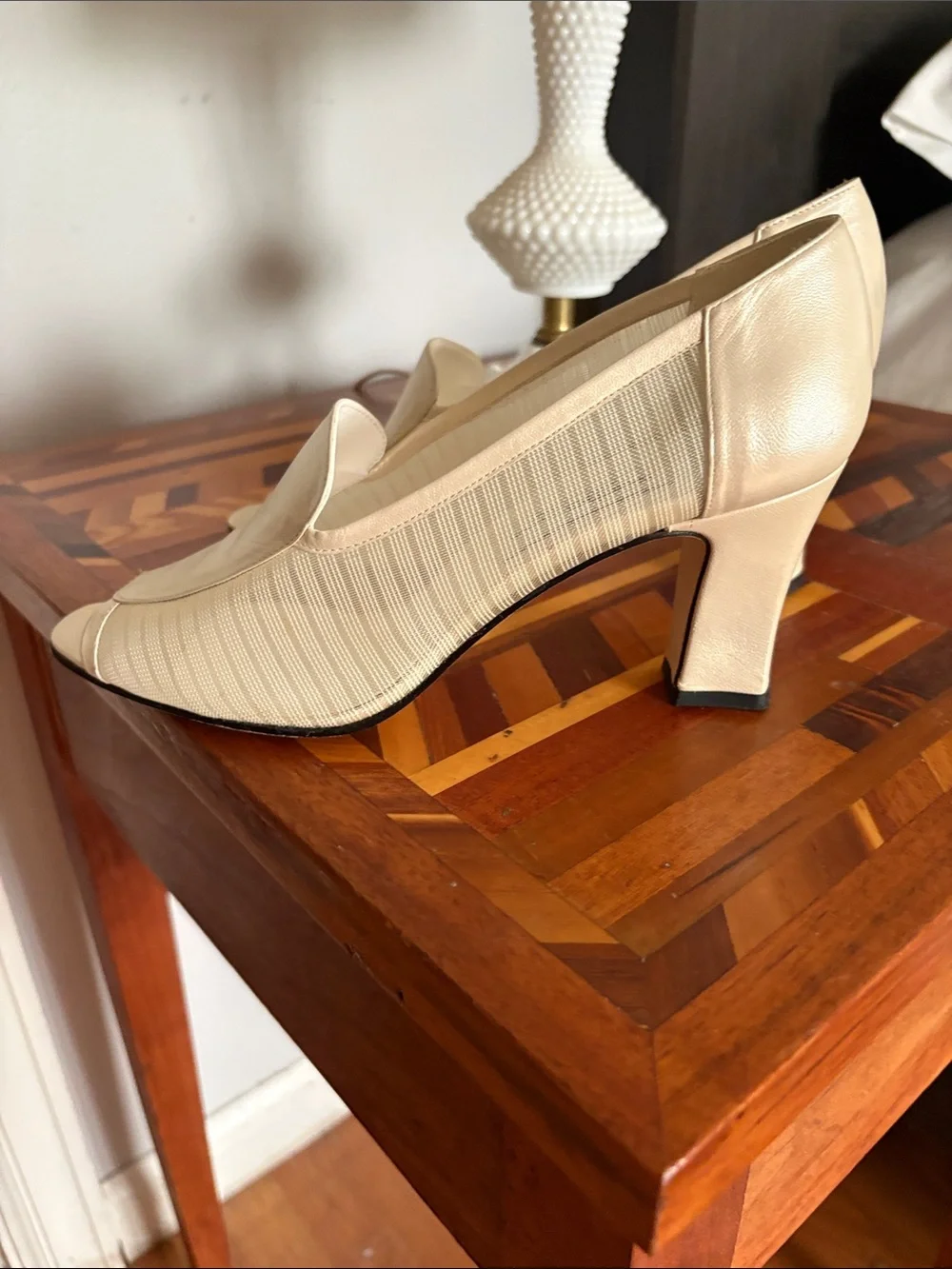 Sacha London Cream Peep-Toe Loafer Heels